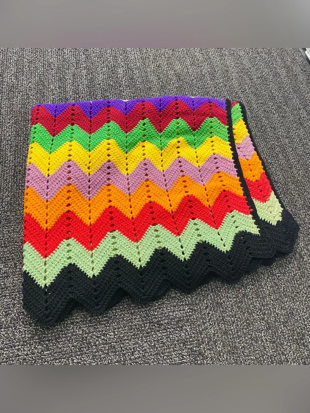 Vintage Crochet Blanket Handmade Chevron Stripe Knit Rainbow Pattern 87 x 45
